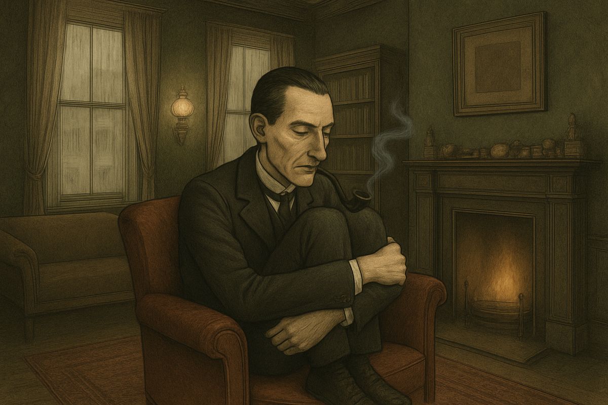 'It is quite a three pipe problem,' he said, and asked not to be spoken to for fifty minutes. He curled up in his chair with his thin knees drawn up to his hawk-like nose, his black clay pipe sticking out like the bill of some strange bird.