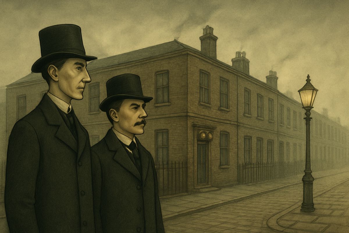 The Underground to Aldersgate and a short walk brought them to Saxe-Coburg Square, a poky, shabby-genteel place of dingy brick houses around a railed patch of weedy grass. Three gilt balls on a corner house marked Jabez Wilson's shop.
