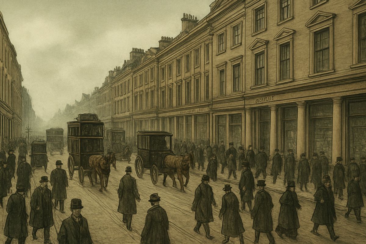 Round the corner lay a complete contrast: one of the great arteries of the City, its roadway blocked by a double tide of traffic and its pavements black with hurrying crowds. Its fine shops and stately offices backed right onto the faded square.