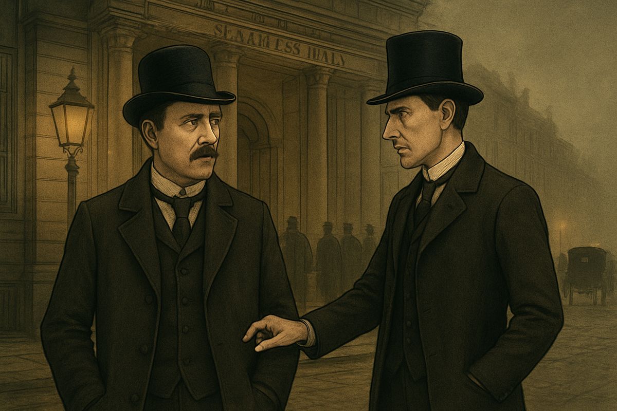 Outside, Holmes turned grave. 'A considerable crime is in contemplation. I shall want your help tonight, at ten. And, Doctor, there may be some little danger, so kindly put your army revolver in your pocket.' Then he vanished into the crowd.