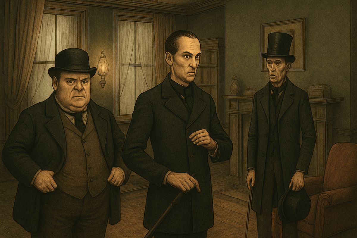 At ten Watson found two hansoms at the Baker Street door. Upstairs Holmes was talking with Peter Jones of Scotland Yard and Mr. Merryweather, a long, thin, sad-faced man with a very shiny hat and an oppressively respectable frock-coat.