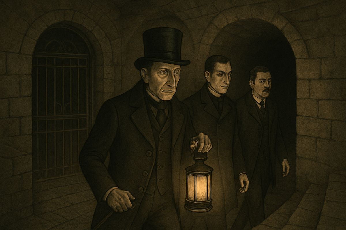 Back in the busy thoroughfare of the morning, Merryweather let them in by a side door, through a massive iron gate and down winding stone steps. By the light of his lantern they followed a dark, earth-smelling passage to a third door.