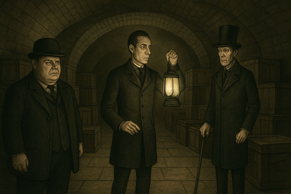 It opened into a huge vault piled all round with crates and massive boxes. 'You are not very vulnerable from above,' Holmes remarked, holding up the lantern. 'Nor from below,' said Merryweather, striking his stick on the flagstones.