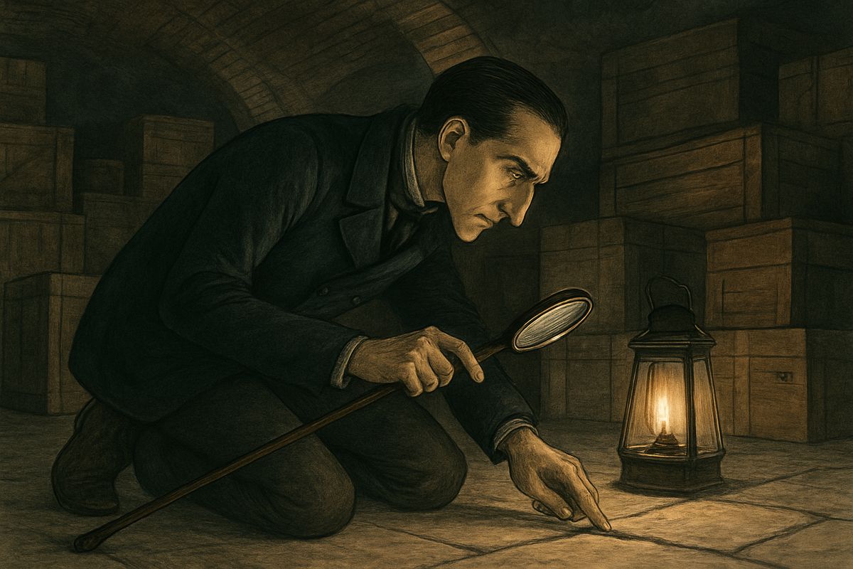 Holmes dropped to his knees and examined the cracks between the stones with lantern and magnifying lens. A few seconds satisfied him. They had at least an hour, he said, since the thieves would wait until the pawnbroker was safely in bed.