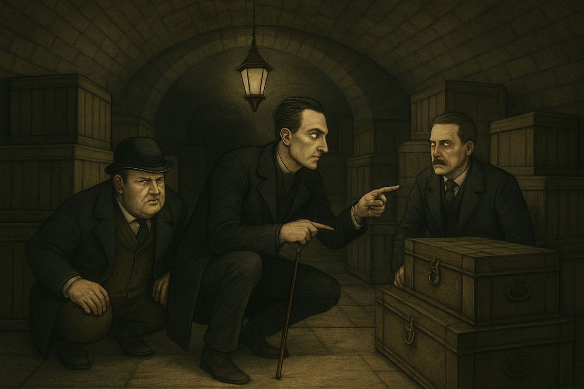 Holmes placed them behind the crates; no light could be risked now. 'When I flash a light upon them, close in swiftly. If they fire, Watson, have no compunction about shooting them down.' Jones had an inspector and two officers waiting at the front door.