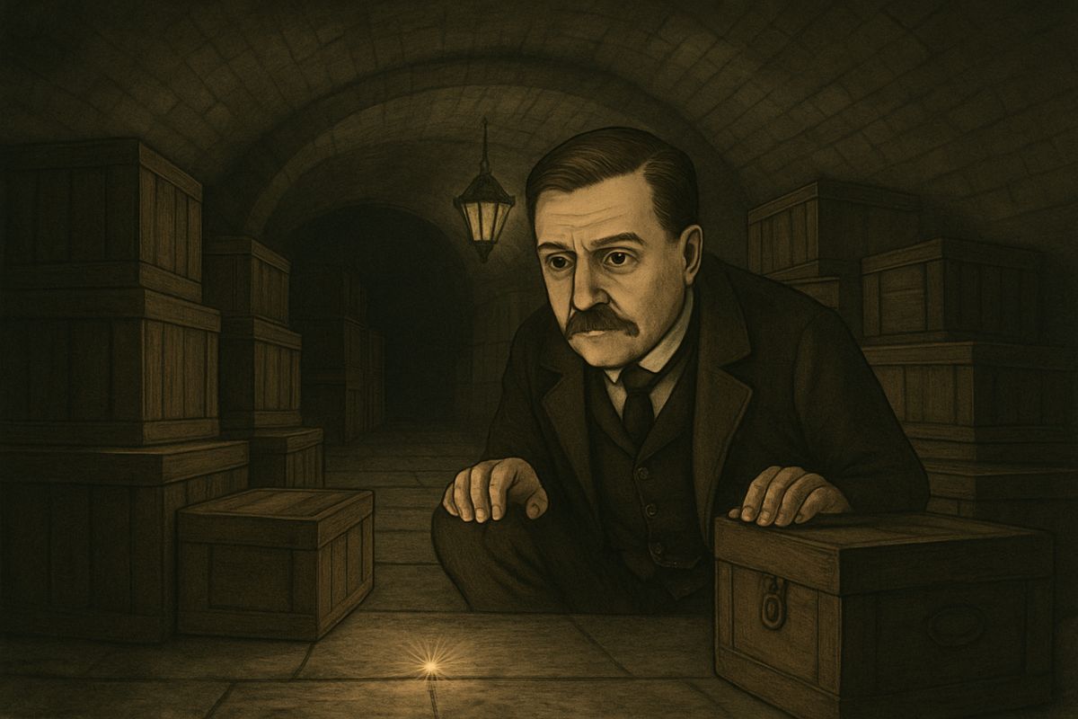 It was only an hour and a quarter, yet it felt like the whole night. Stiff and afraid to move, Watson could hear Jones breathing heavily and the director sighing thinly. Then, looking over the case, he saw the glint of a light on the floor.