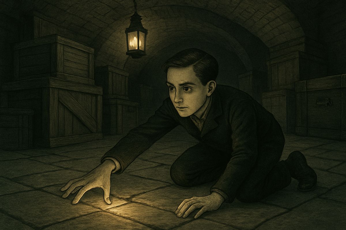 The spark grew into a yellow line, then a gap opened and a white, almost womanly hand appeared, feeling about in the patch of light. For a minute its writhing fingers stuck up out of the floor. Then it withdrew, and all was dark again.