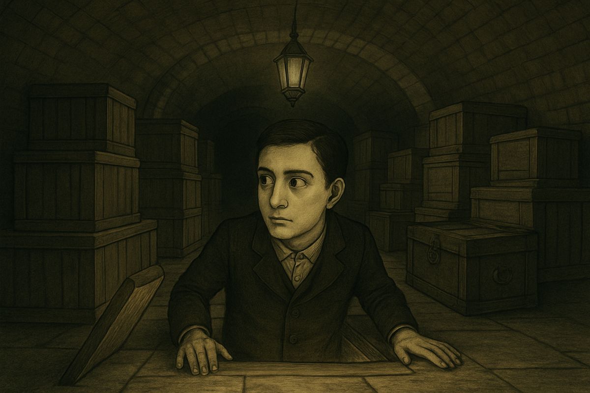 With a tearing, grinding sound one broad white stone tipped over onto its side, leaving a square hole streaming with lantern light. A clean-cut, boyish face peered over the edge and looked keenly about, and its owner pulled himself up and out onto the floor.