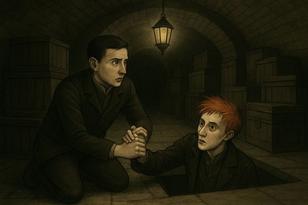 He hauled up after him a companion, small and lithe like himself, with a pale face and a shock of very red hair. 'It's all clear,' he whispered. 'Have you the chisel and the bags? Great Scott! Jump, Archie, jump, and I'll swing for it!'