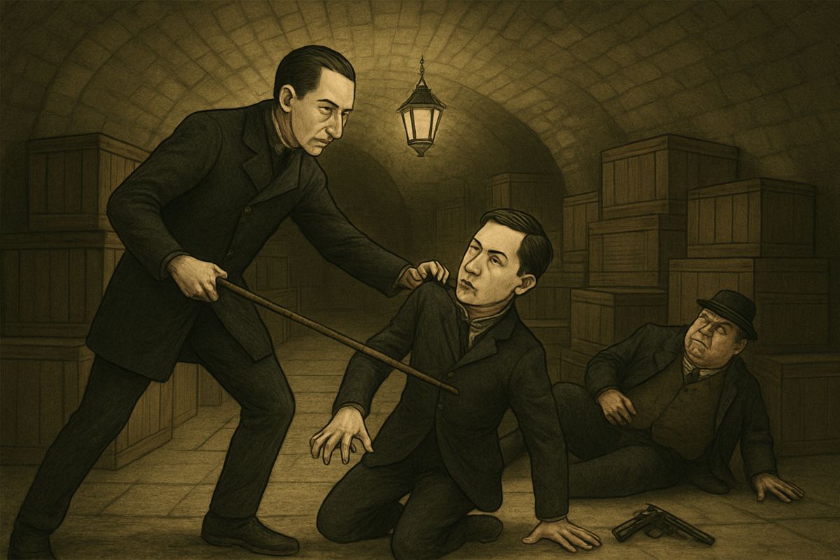 Holmes sprang out and seized the intruder by the collar. The other dived back down the hole, and Jones was left clutching a torn strip of coat-tail. A revolver flashed in the light, but Holmes's hunting crop came down on the man's wrist and the pistol clattered onto the stone.