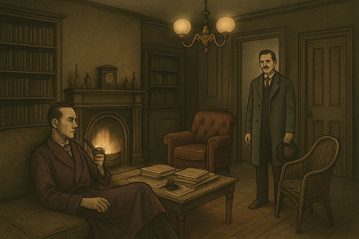 On the second morning after Christmas, Dr. Watson called at Baker Street to wish his friend the compliments of the season. He found Sherlock Holmes lounging on the sofa in a purple dressing-gown among a pile of crumpled morning papers.
