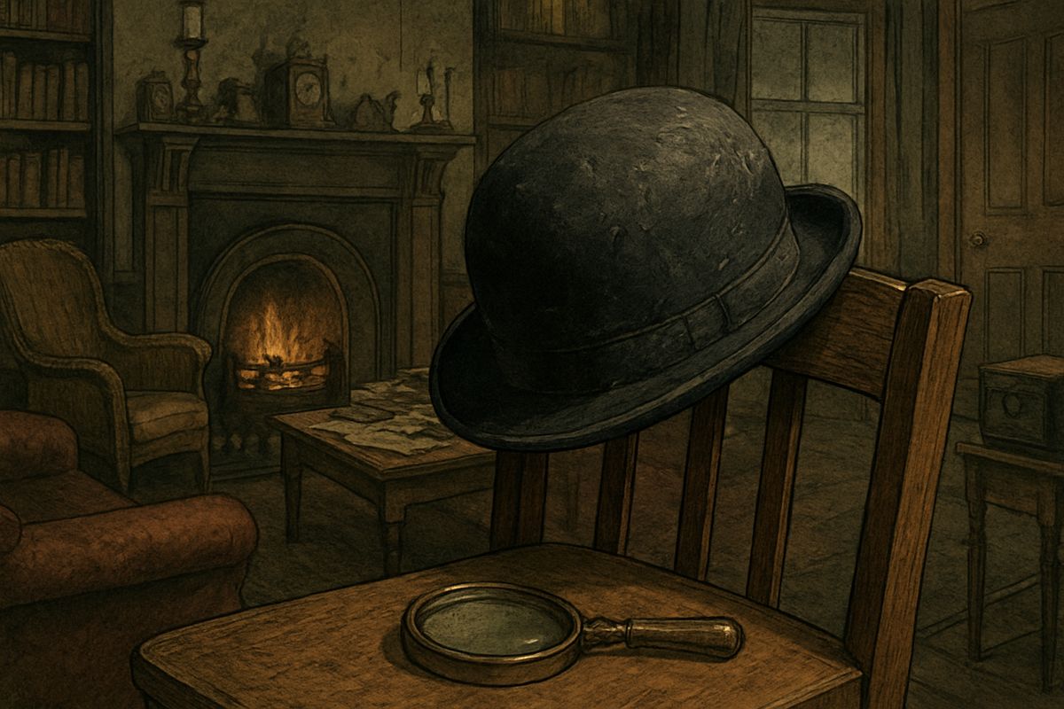 On the back of a chair beside the couch hung a very seedy, disreputable hard-felt hat, cracked in several places. A lens and a pair of forceps lay on the seat, so plainly the hat was there to be examined.
