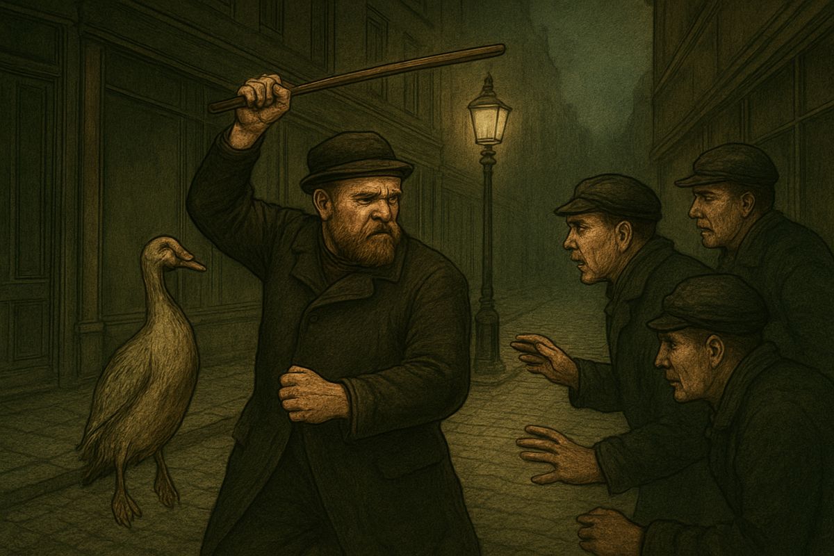 At the corner of Goodge Street a gang of roughs set on the stranger and knocked off his hat. He swung his stick over his head to defend himself and smashed the shop window behind him.