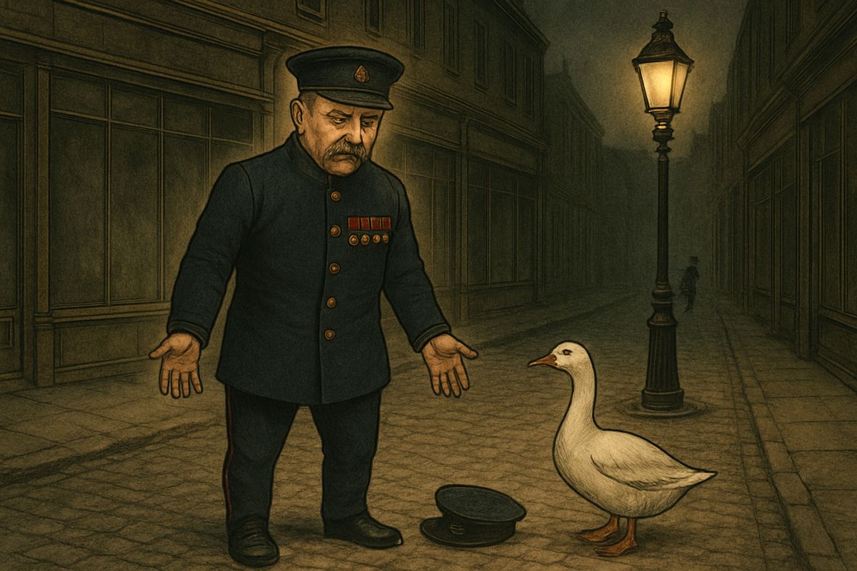 Peterson ran up to help, but the man was shocked at the broken window and scared by the uniform. He dropped his goose and ran off into the side streets. The roughs ran too, leaving Peterson with a battered hat and a fine Christmas goose.