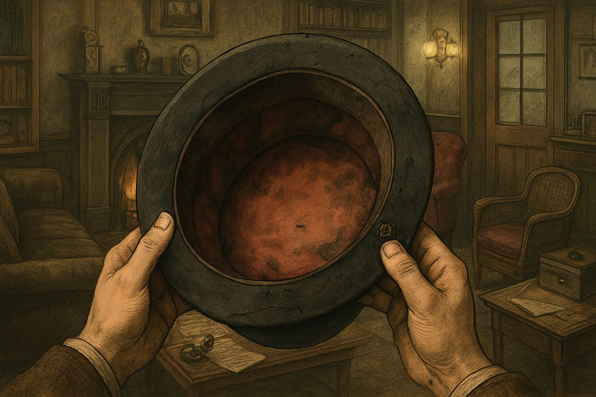 It was an ordinary black hat. The red silk lining was badly discoloured, the brim was pierced for a hat-securer whose elastic was gone, and someone had smeared ink over the stains. “I can see nothing,” Watson admitted.