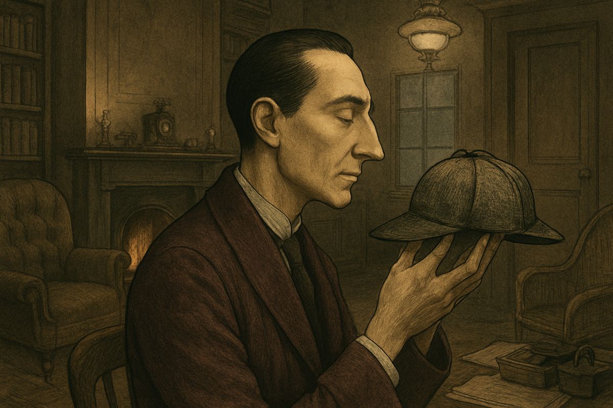 Holmes took the hat and gazed at it in his inward-looking way. The owner, he said, was highly intellectual and had come down in the world. Drink was probably at work on him, and his wife had stopped loving him.