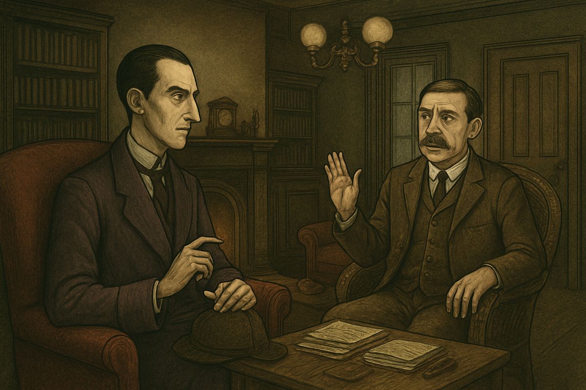 “My dear Holmes!” cried Watson. Holmes took no notice and went on: the man was middle-aged, lived a quiet life indoors, had grizzled hair lately cut and dressed with lime-cream, and almost certainly had no gas in his house.