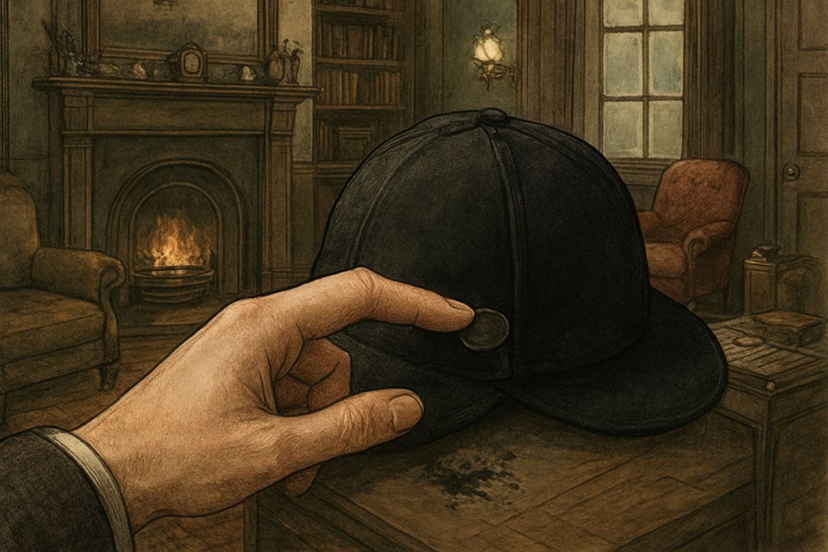 The hat was of the best quality but three years out of date, so the man had fallen on hard times. Ordering a hat-securer showed foresight. Letting the elastic break showed a weakening nature. The ink-daubed stains showed some self-respect left.