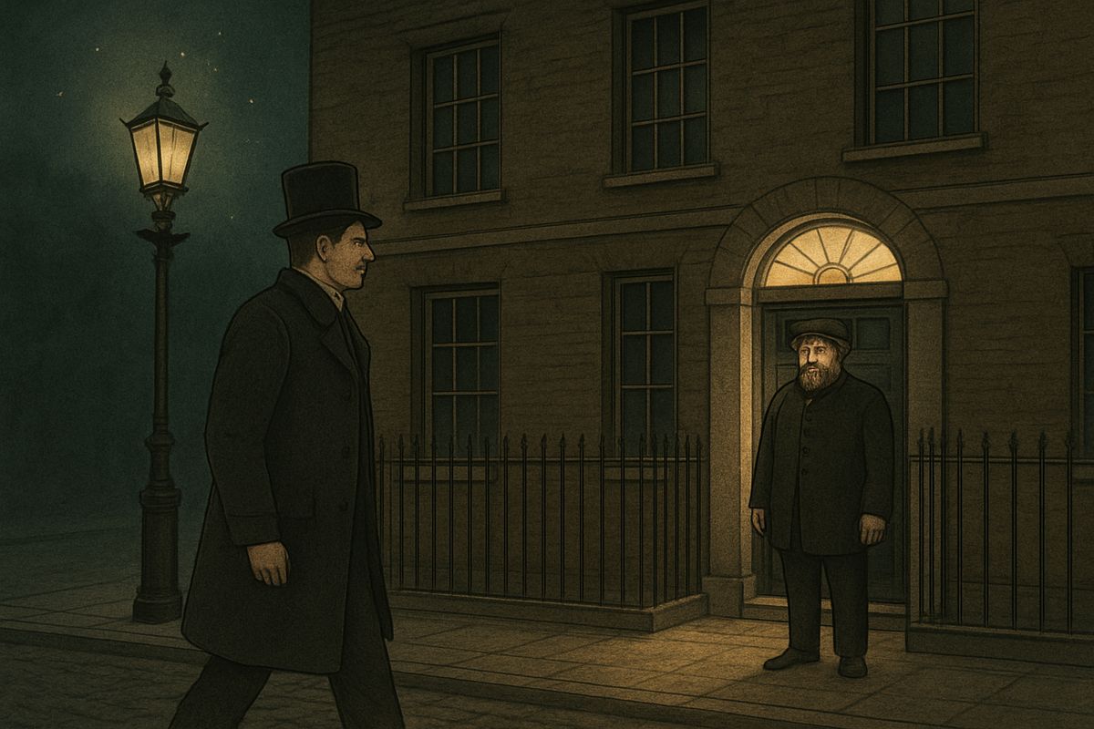 It was a little after half-past six when Watson reached Baker Street again. A tall man in a Scotch bonnet, his coat buttoned to the chin, stood waiting in the half-moon of light from the fanlight.