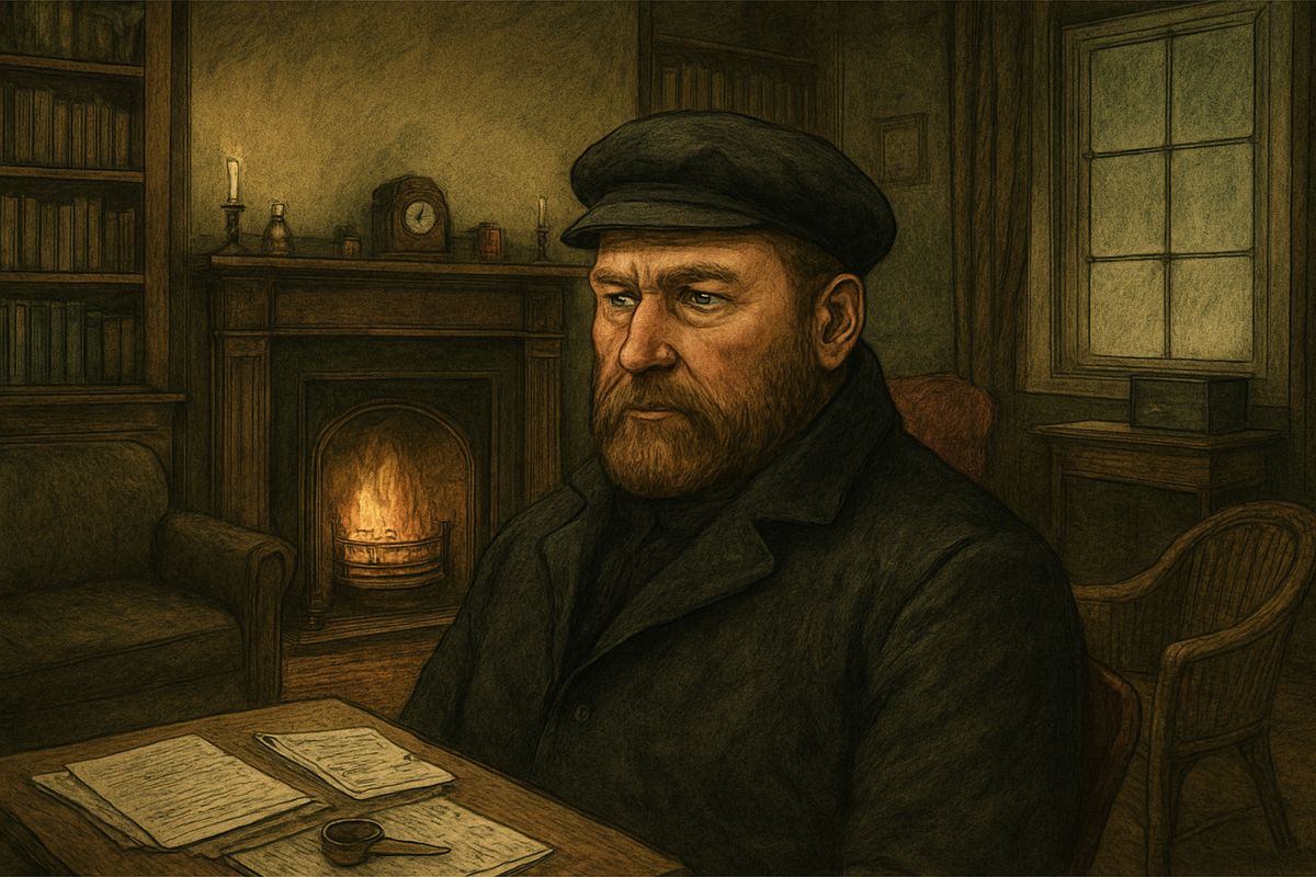 He was a big man with a massive head and a broad, intelligent face above a grizzled beard. The red in his nose and the tremor in his hand bore out Holmes's guess. He had the look of a scholar badly used by fortune.