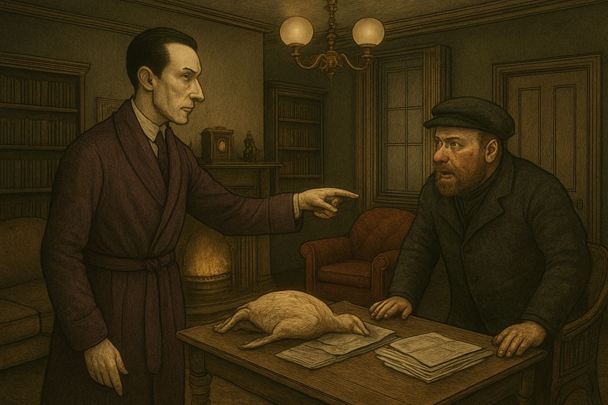 “By the way, about the bird, we were compelled to eat it.” Baker half rose from his chair, but he sank back with relief when Holmes pointed to a fresh goose of the same weight waiting on the sideboard.