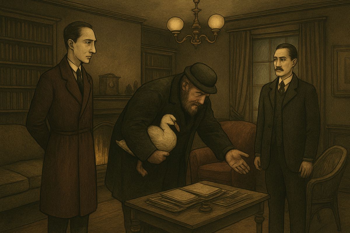 Tucking the goose under his arm, Baker explained that it came from a goose club at the Alpha Inn, near the British Museum, where he and his friends paid a few pence a week. Then he bowed with comic pomposity and strode off.