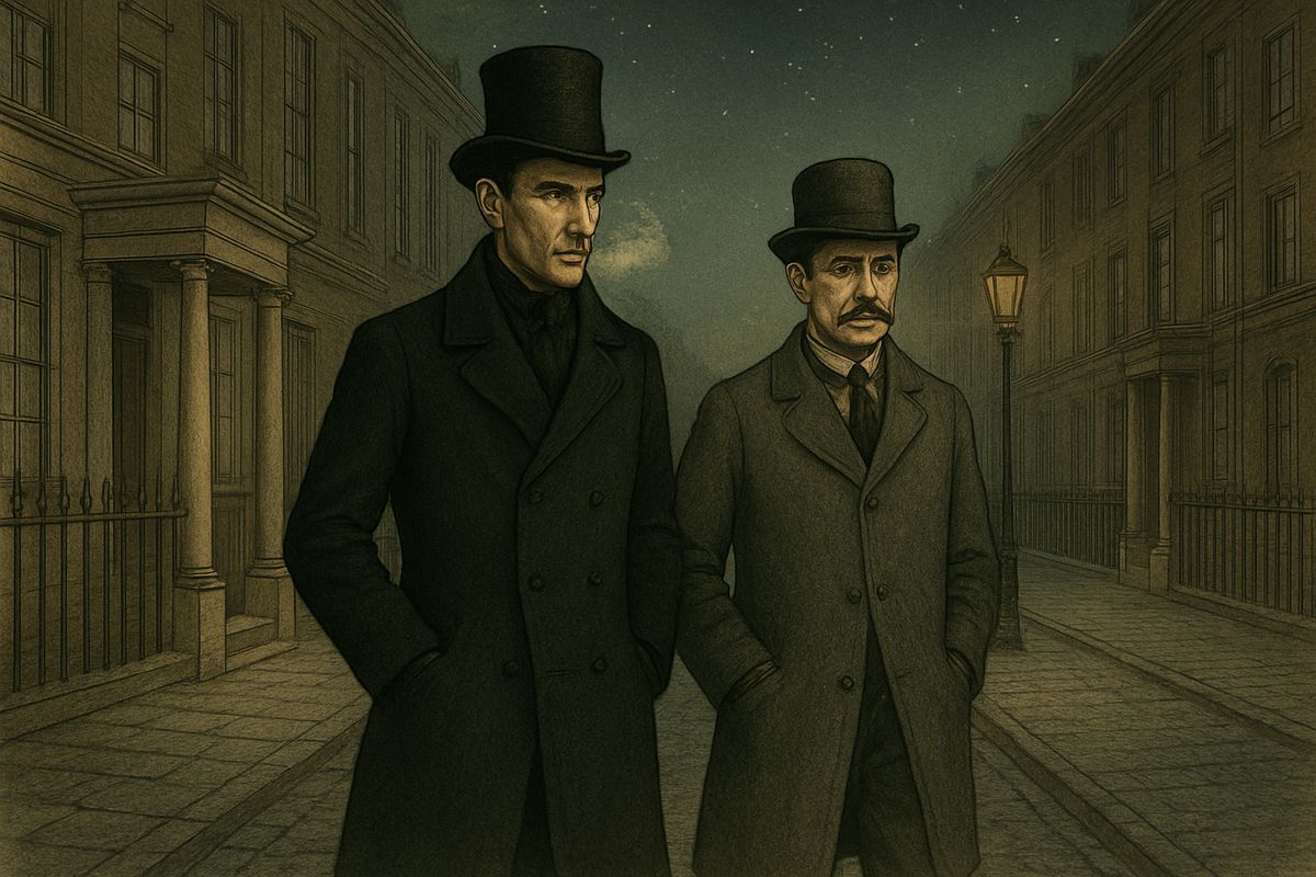 Holmes proposed they follow the clue while it was hot. On a bitter, starry night they walked in their ulsters through Wimpole Street and Harley Street, their breath puffing out like pistol smoke.