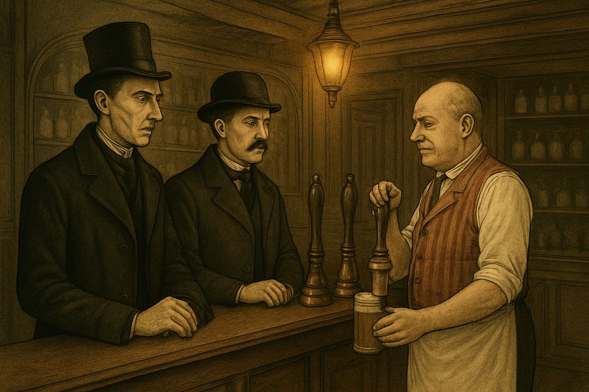 In a quarter of an hour they were in the private bar of the Alpha Inn in Bloomsbury. Holmes ordered two beers from the ruddy, white-aproned landlord and praised his geese.