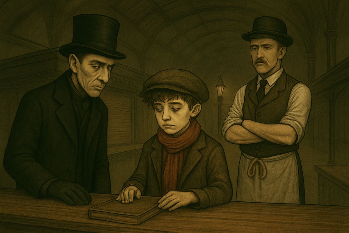 “Bring me the books, Bill,” said the salesman with a grim chuckle. The boy laid out a thin little volume and a great greasy ledger under the hanging lamp.