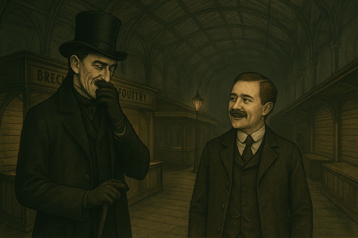 A few yards off, under a lamp-post, he laughed in his hearty, silent way. You could always draw a man with whiskers of that cut and the sporting paper in his pocket by offering him a bet.