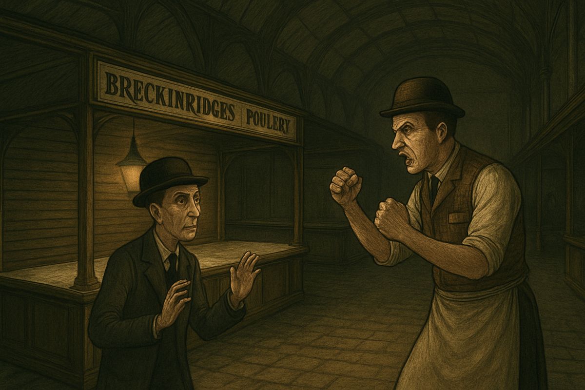 Suddenly there was an uproar at the stall behind them. A little rat-faced fellow cringed in the circle of lamplight while Breckinridge shook his fists at him from the doorway.