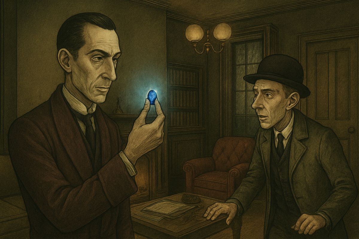 The goose had come here, said Holmes, and laid an egg after it died. He unlocked his strong-box and held up the blue carbuncle, which shone like a star. Ryder staggered up and clutched the mantelpiece.