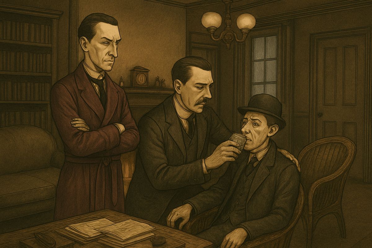 “The game's up, Ryder,” said Holmes quietly. The man nearly fell into the fire. Watson helped him back to his chair and gave him a dash of brandy, which brought a little colour to his cheeks.