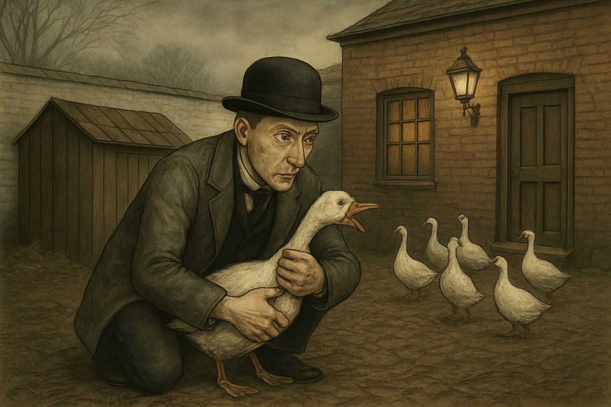 Then he had an idea. His sister had promised him a goose for Christmas. Behind the shed he caught a big white bird with a barred tail and pushed the stone down its throat until he felt it pass into the crop.