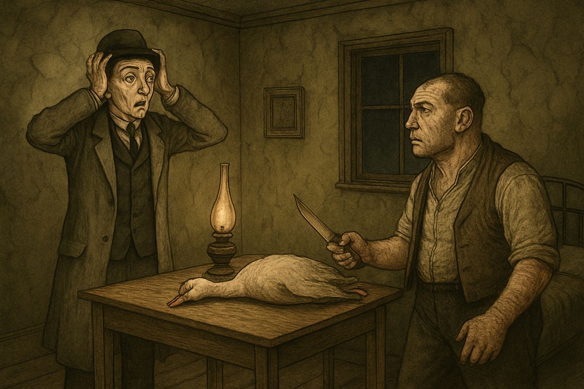 Ryder carried the bird all the way to his pal Maudsley in Kilburn. Maudsley laughed till he choked. They cut the goose open, and there was no sign of the stone. Ryder's heart turned to water.