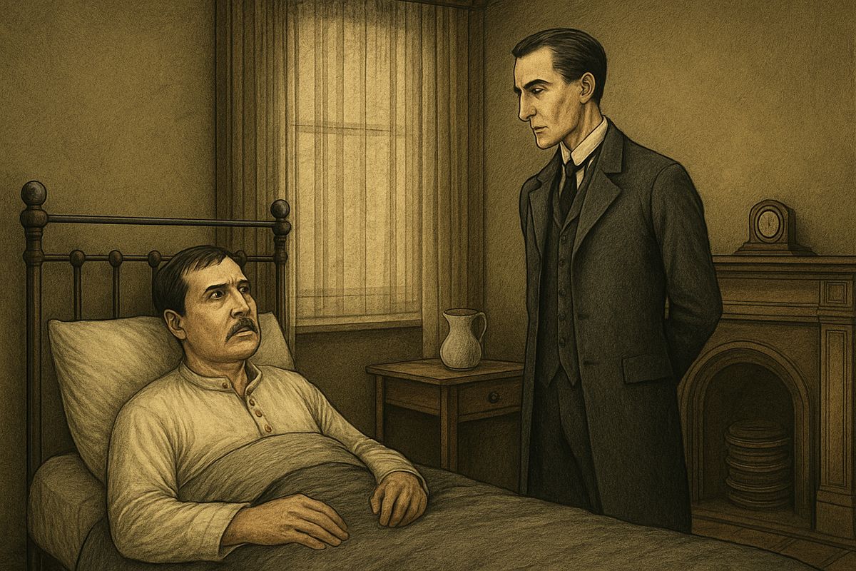 Early one April morning in 1883, Watson woke to find Holmes, fully dressed, standing beside his bed. The clock on the mantelpiece showed only a quarter past seven, and Holmes was usually a late riser.