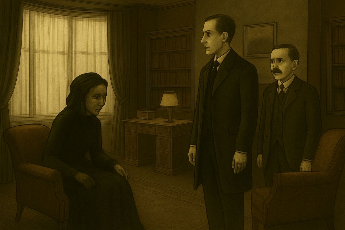 Watson dressed in minutes and followed Holmes down to the sitting-room. A lady dressed in black and heavily veiled, who had been sitting by the window, rose as they came in.
