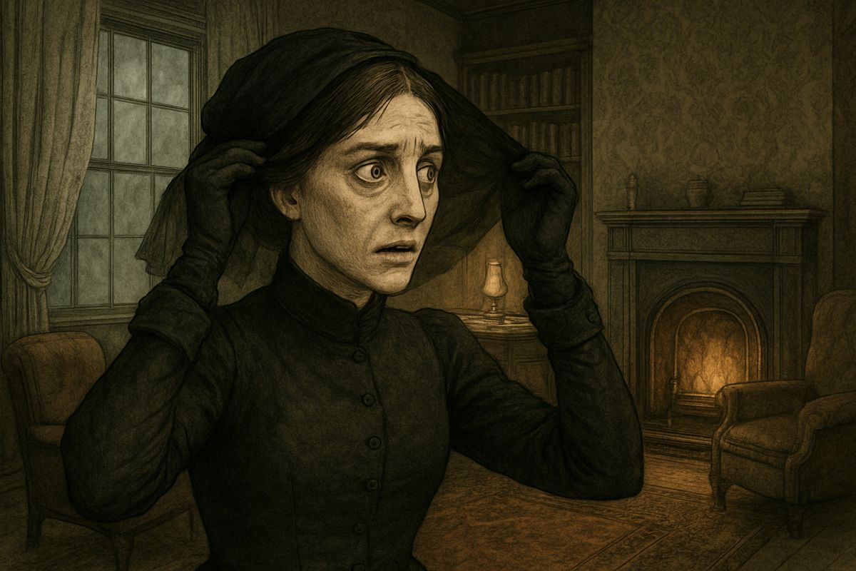 She raised her veil. Her face was drawn and grey, her eyes restless and frightened like a hunted animal's. She had the features of a woman of thirty, yet her hair was already shot with premature grey.