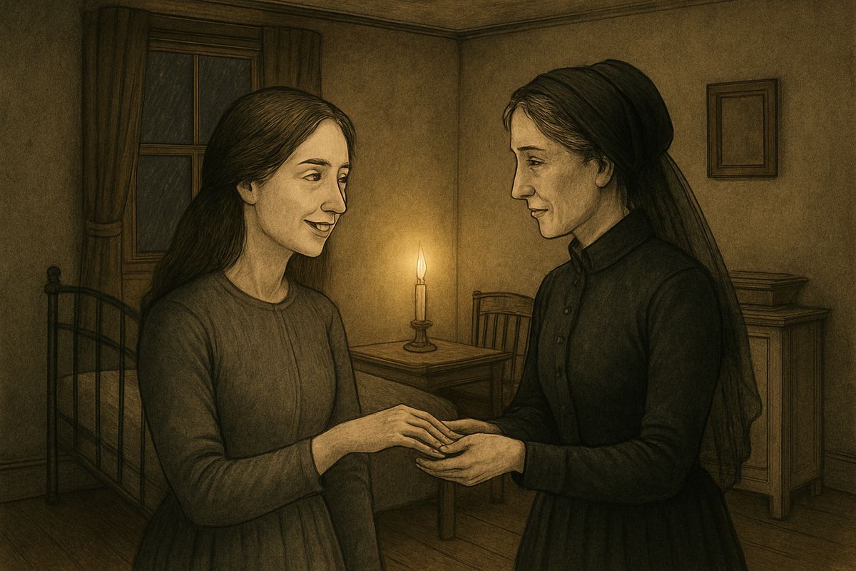 No servant would stay, so the sisters did all the housework themselves. Then, two Christmases ago, Julia met a half-pay major of marines at their aunt's house near Harrow and became engaged. Their stepfather raised no objection.