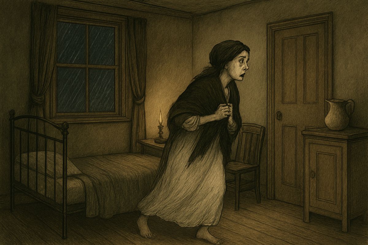 Helen could not sleep. A gale howled and rain lashed the windows. Suddenly a woman's terrified scream rang out above the storm. It was her sister's voice. Helen sprang up, threw a shawl around her and rushed out.
