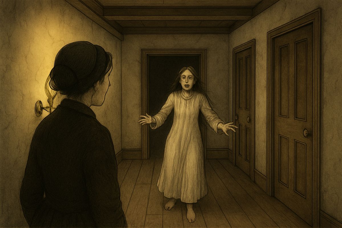 She seemed to hear a low whistle, then a clang, as though something metal had fallen. Julia's door swung slowly open. In the lamplight Julia appeared, her face white with terror, hands groping, swaying like a drunkard.