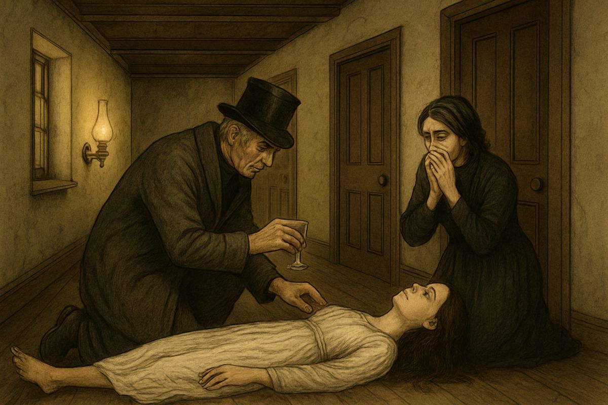 Roylott hurried from his room in his dressing-gown. He poured brandy down Julia's throat and sent to the village for help, but she slowly sank and died without regaining consciousness.