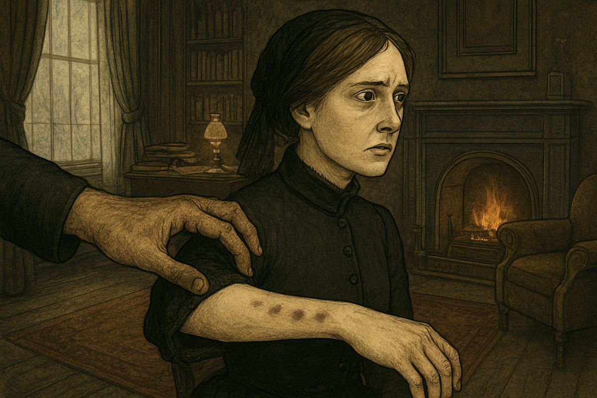 “You have not told me all,” said Holmes. “You are screening your stepfather.” He pushed back the black lace at her cuff. Five livid spots, the marks of four fingers and a thumb, were printed on her white wrist.
