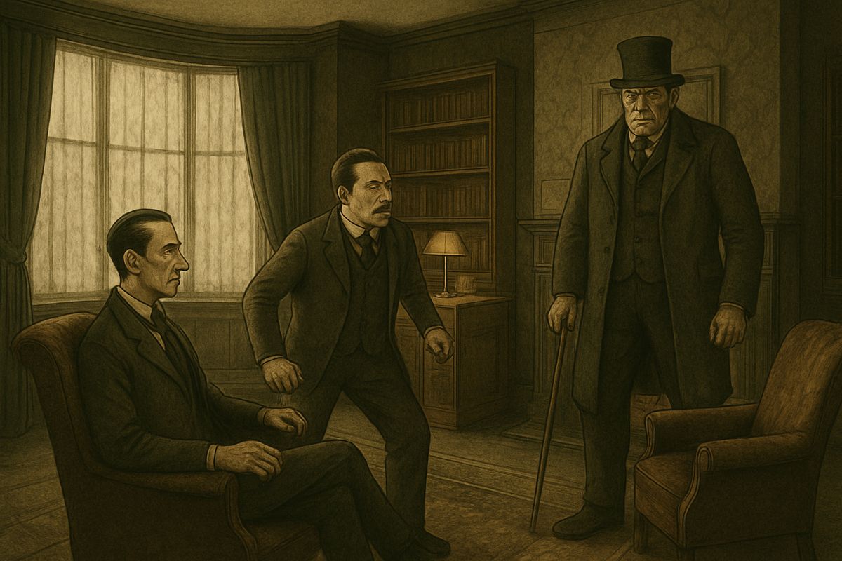 Suddenly the door burst open. A huge man filled the doorway, his top hat brushing the frame. He wore a frock coat and high gaiters, and a hunting-crop swung in his hand. “Which of you is Holmes?”