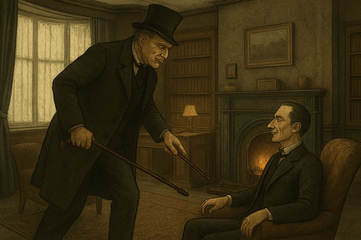 “See that you keep yourself out of my grip,” he snarled. He hurled the twisted poker into the fireplace and strode out of the room.