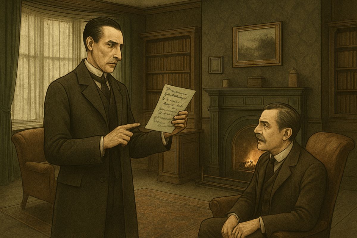 He came back near one o'clock with a sheet of blue paper covered in figures. He had read the mother's will. Each daughter's marriage would take a large share of Roylott's shrinking income, so he had the strongest motive to prevent any wedding.