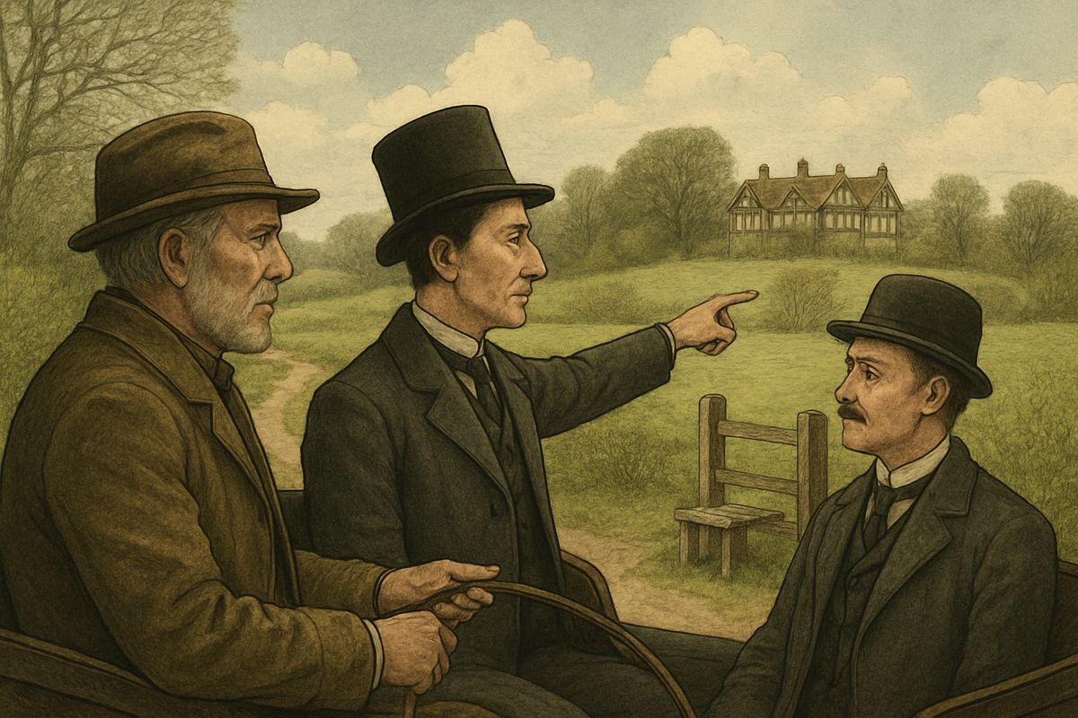 Suddenly Holmes pointed across the meadows. The grey gables and high roof of a very old mansion rose from a wooded park. “Yes, sir, that be the house of Dr. Grimesby Roylott,” said the driver.