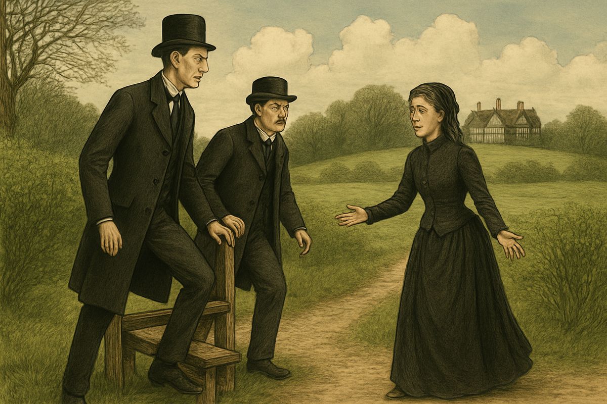 The driver left them at a stile so they could take the footpath across the fields. There, hurrying towards them with a joyful face, came Miss Stoner. The Doctor had gone to town and would not be back before evening.