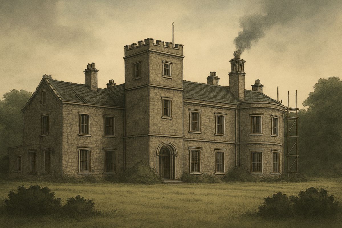 Stoke Moran was built of grey, lichen-blotched stone, with two curving wings like a crab's claws. One wing lay in ruins; the other was lived in. Scaffolding stood against its end wall, yet no workmen were to be seen.