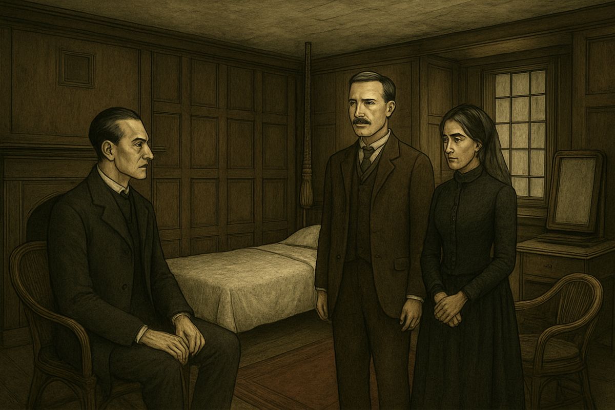 Inside, they entered the room where Julia had died and Helen now slept: a homely little chamber with a low ceiling, worm-eaten oak panelling and a gaping fireplace. Holmes sat silent in a corner, taking in every detail.